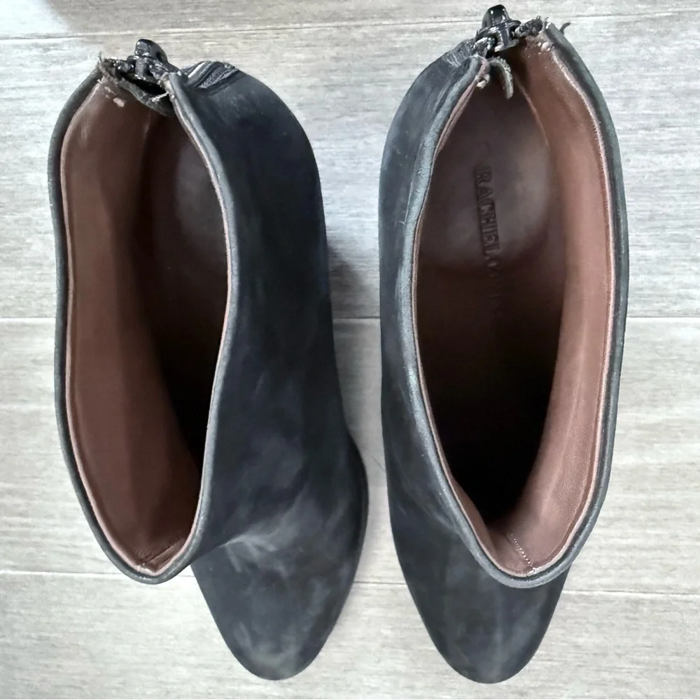 Rachel Comey Prose Black Suede Ankle Booties Stacked Heel 8 Minimalist Western